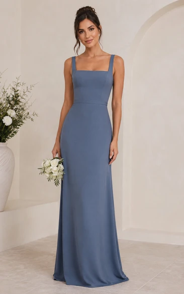 Steel Blue Square Neck Sheath Bridesmaid Dress