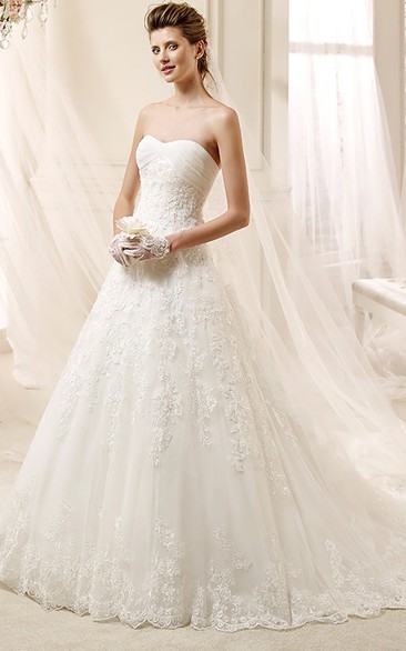 Strapless A-line Wedding Dress with Pleated Bust and Lace Appliques