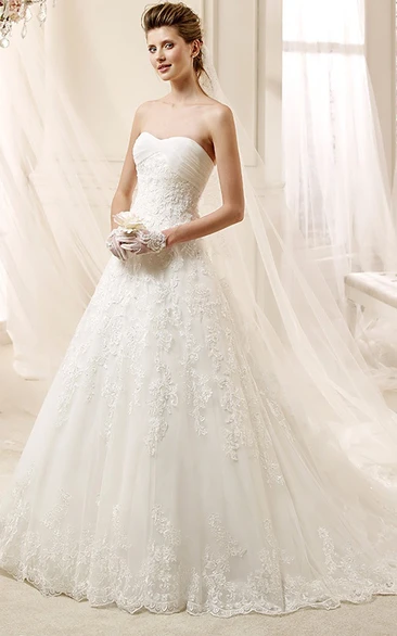 Strapless A-line Wedding Dress with Pleated Bust and Lace Appliques