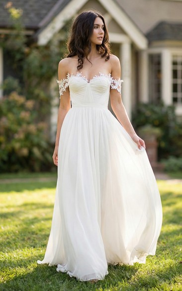Off-The-Shoulder Chiffon Beach Wedding Gown