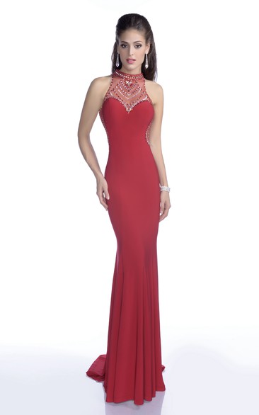 Elegant Jersey Sleeveless High Neck Prom Dress With Bling Rhinestones