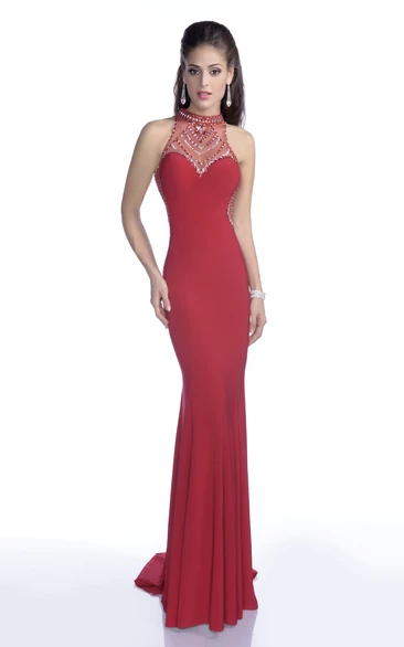 Elegant Jersey Sleeveless High Neck Prom Dress With Bling Rhinestones
