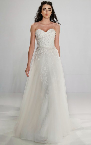 A-Line Long Sweetheart Tulle Wedding Dress With Beading And Zipper