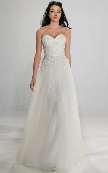 A-Line Long Sweetheart Tulle Wedding Dress With Beading And Zipper