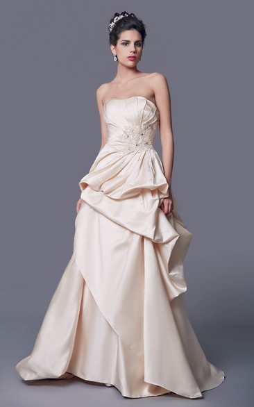 Simple Strapless A-line Ruffled Satin Long Dress