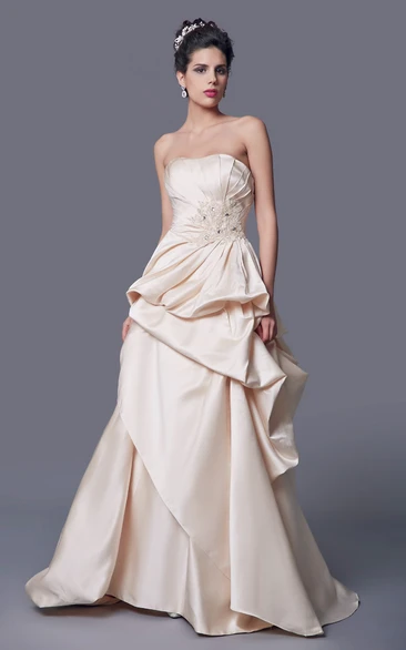 Simple Strapless A-line Ruffled Satin Long Dress