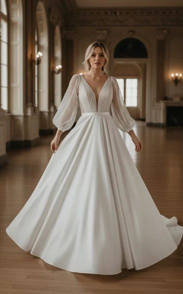Elegant V-Neck Puff Sleeve Beaded Ball Gown Wedding Dress