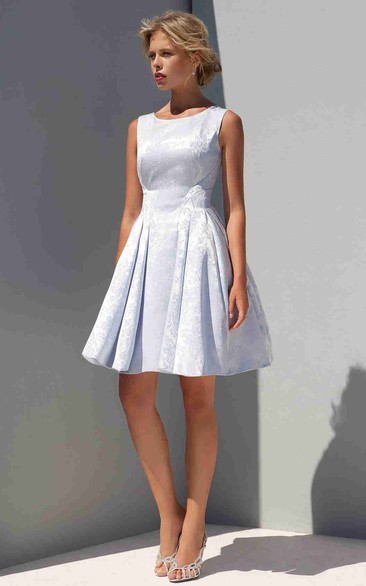 A Line Short Mini Scoop Neck Sleeveless Pleated Satin Wedding Dress