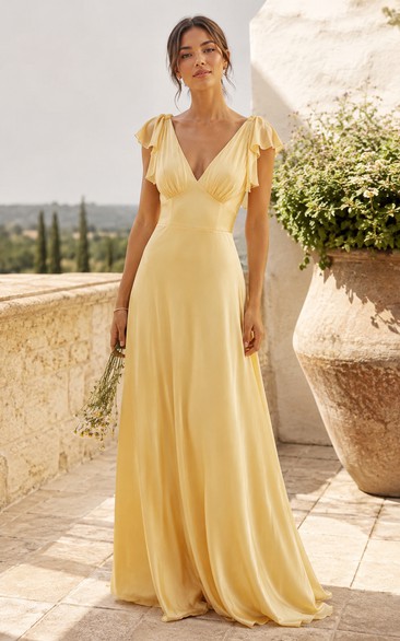Daffodil V-neck Flutter Sleeve Chiffon A-Line Dress