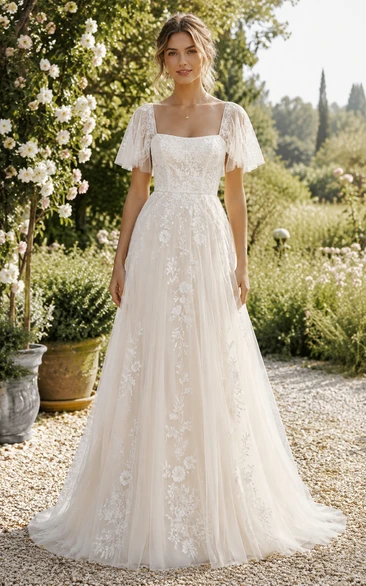 Boho A-Line Wedding Dress Short Sleeve Square Neck Tulle Lace Applique Floor Length Chapel Train Ivory