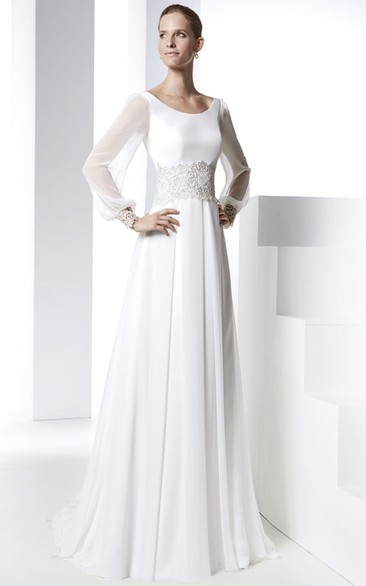 Sheath Long Sleeve Appliqued Scoop Neck Chiffon Wedding Dress