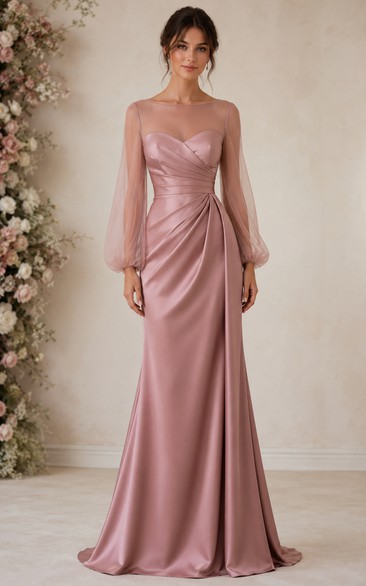 Dusty Rose Illusion Long Sleeve Satin Sheath Bridesmaid Dress
