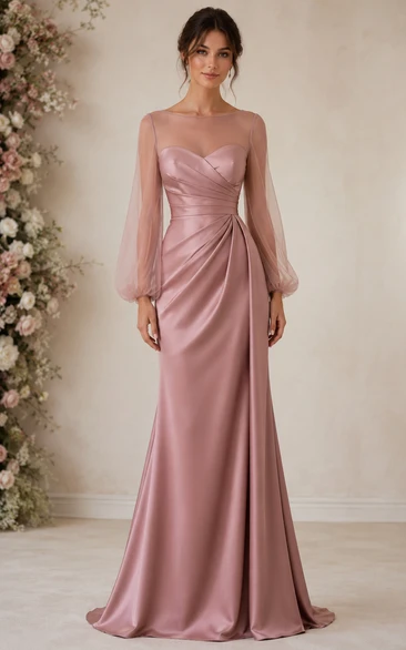 Dusty Rose Illusion Long Sleeve Satin Sheath Bridesmaid Dress
