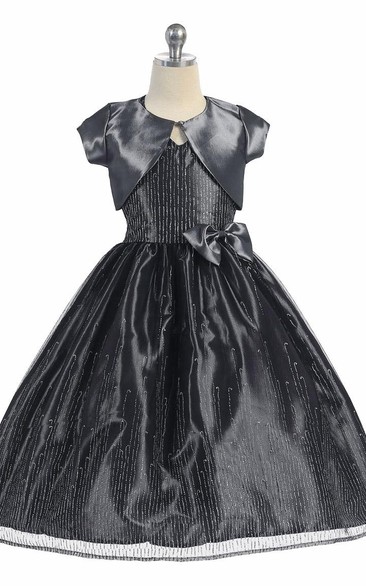 Split Tea-Length Split-Front Bowed Tulle&Taffeta Flower Girl Dress With Ribbon