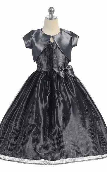 Split Tea-Length Split-Front Bowed Tulle&Taffeta Flower Girl Dress With Ribbon