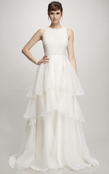 A-Line Beaded Sleeveless Maxi Jewel Organza Wedding Dress With Zipper Back And Tiers