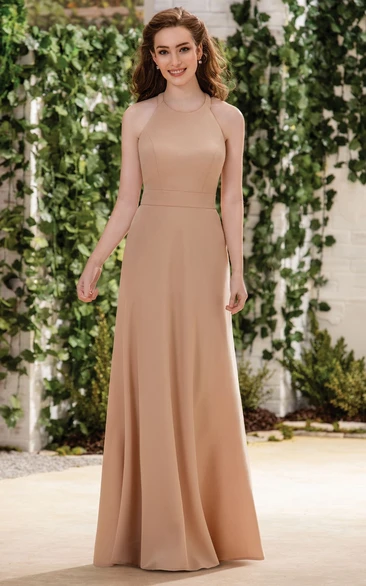 High-Neck Long Bridesmaid Dress With Pleats And Keyhole Back