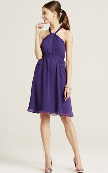 Knee-Length Sleeveless Ruched Halter Chiffon Bridesmaid Dress With Bow