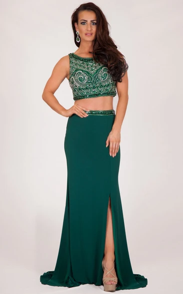 Sheath Beaded Scoop-Neck Long Sleeveless Jersey Prom Dress With Split Front