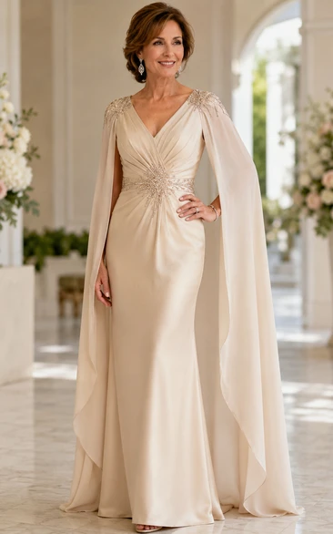 Sheath V-Neck Long Sleeve Chiffon Mother Dress with Cape