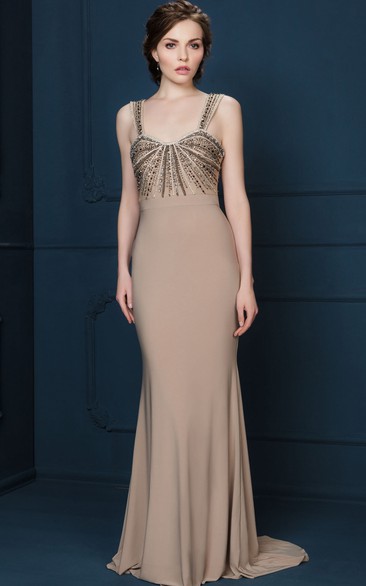 Sheath Floor-Length Beaded Sleeveless Strapped Jersey Evening Dress