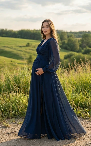 Dark Navy Maternity Evening Dress with V-Neck, Sheer Long Sleeves & Chiffon Skirt