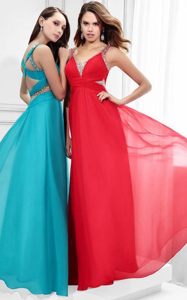 V-Neck Sleeveless Ruched Chiffon Prom Dress With Beading And Brush Train