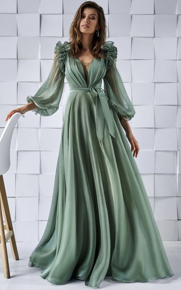 Puff-long-sleeve Chiffon Satin Dress with Bow and Ruffle - Dorris Wedding