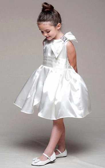 Midi Sleeveless Bowed Satin Flower Girl Dress
