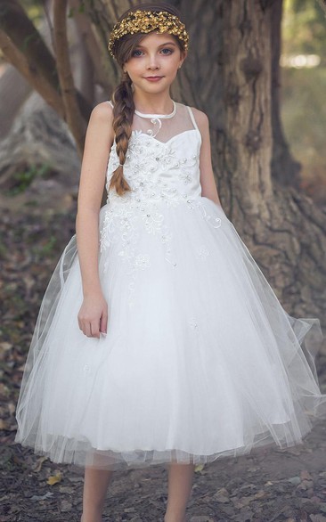 Tea-Length Tiered Beaded Tulle&Satin Flower Girl Dress