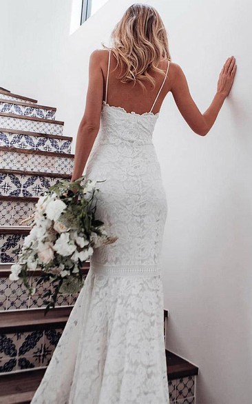 Casual Spaghetti Sheer Lace Mermaid Wedding Dress with Sweep Train