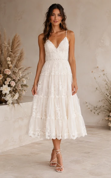 Vintage Summer Princess A-Line Wedding Dress Sleeveless V-Neck Tulle Lace Tiered Tea-Length White