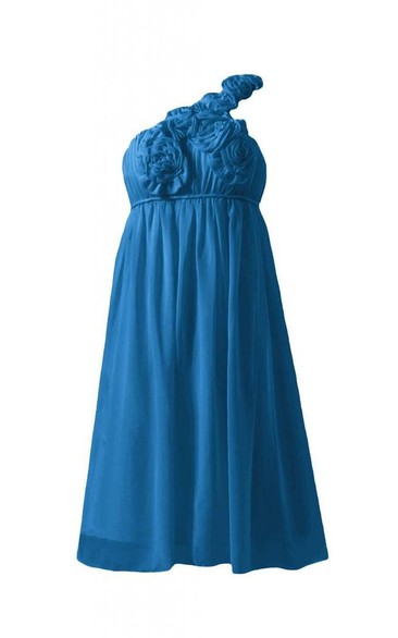 One-shoulder Floral Ruched Bodice Knee-length Chiffon Dress