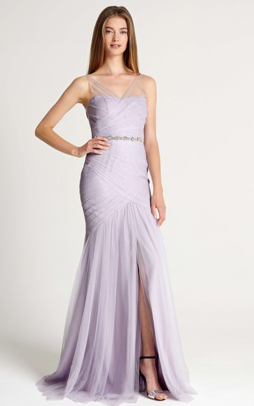 Mermaid Ruched V-Neck Sleeveless Tulle Bridesmaid Dress With Waist Jewellery