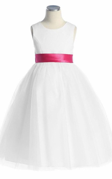 Tea-Length Sleeveless Bowed Tulle&Satin Flower Girl Dress