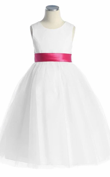Tea-Length Sleeveless Bowed Tulle&Satin Flower Girl Dress
