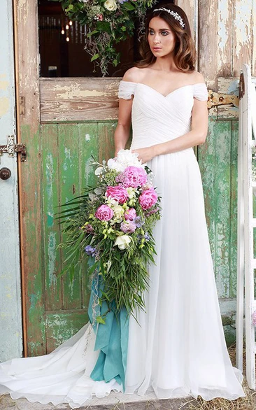 Long Off-The-Shoulder Ruched Tulle Wedding Dress