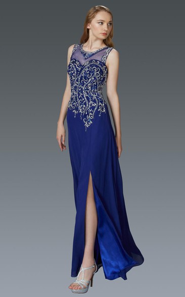 Sheath V-Neck Sleeveless Jersey Keyhole Dress With Split Front And Beading