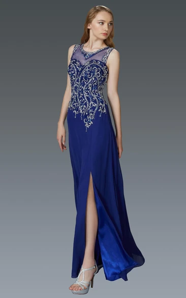 Sheath V-Neck Sleeveless Jersey Keyhole Dress With Split Front And Beading