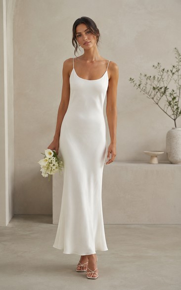 White Spaghetti Strap Satin Sheath Wedding Dress