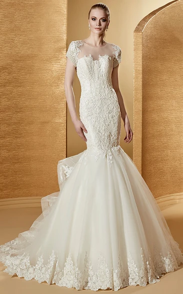 Illusion Jewel-Neck Mermaid Lace Gown With T-Shirt Sleeves And Ruching Train