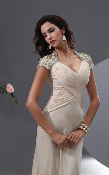 Graceful Queen Anne Chiffon Gown With Shiny Floral Cap Sleeves Dorris Wedding