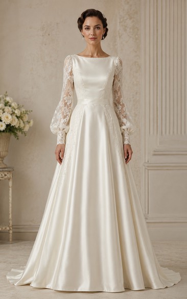 White Satin A-Line Vintage Wedding Dress with Lace Sleeves