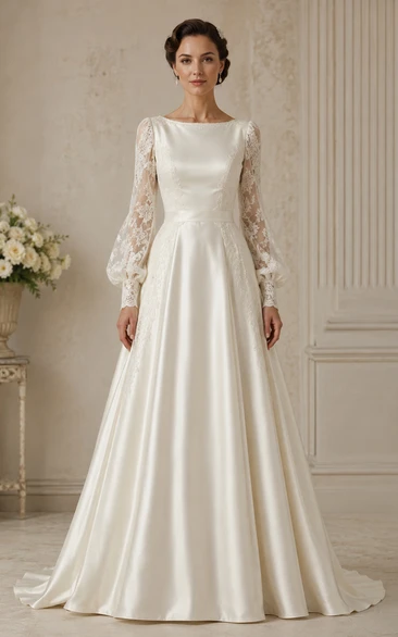White Satin A-Line Vintage Wedding Dress with Lace Sleeves