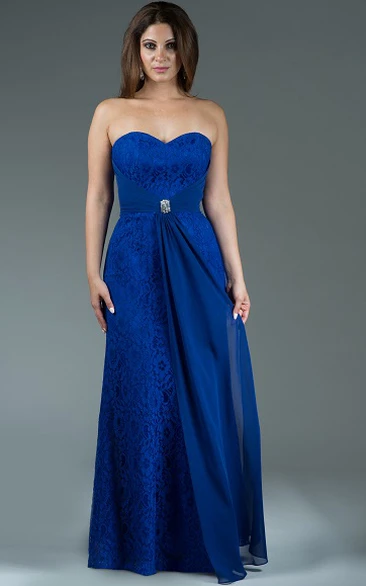 Sweetheart Sheath Lace Long Bridesmaid Dress With Crystal Waist Knot
