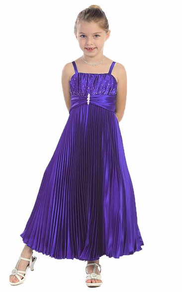 Spaghetti Ankle-Length Pleated Satin Flower Girl Dress