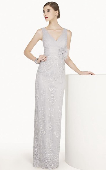 V Neck Sleeveless Sheath Lace Long Prom Dress With Empire Floral Waist