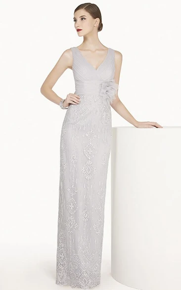 V Neck Sleeveless Sheath Lace Long Prom Dress With Empire Floral Waist