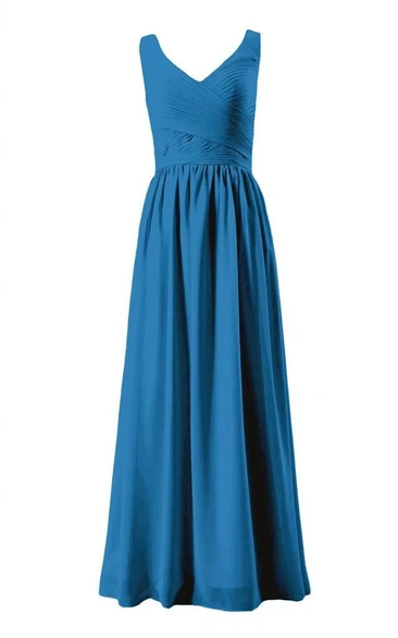 Sleeveless V-neck Ruched Bodice Long Pleated Chiffon Dress