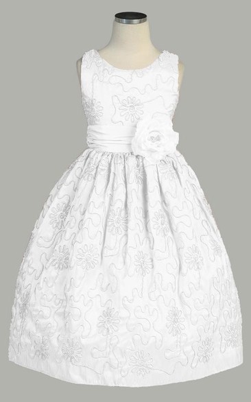 Tea-Length Floral Embroideried Taffeta Flower Girl Dress